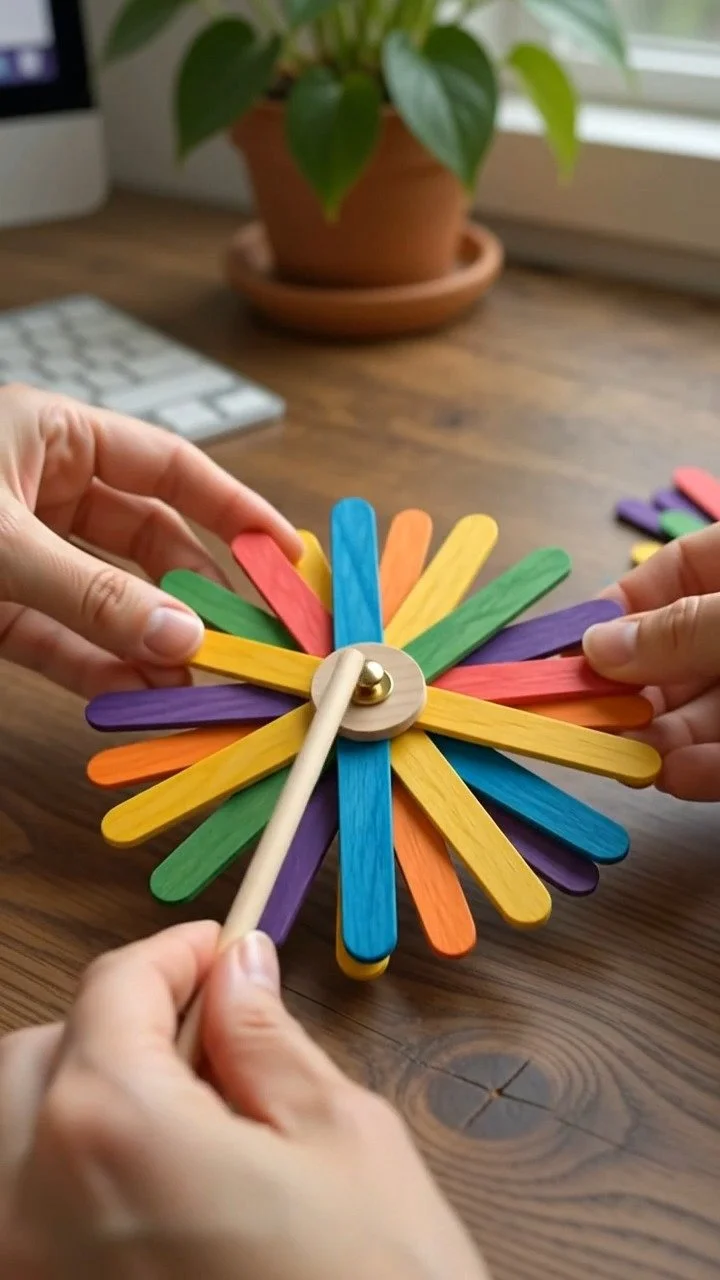Regenbogen-Eisstiele werden zu einer fröhlichen Gartenwindmühle, die sich wunderschön in der Brise dreht und farbenfrohen Outdoor-Charme verleiht. Perfekt für deinen nächsten Basteltag.