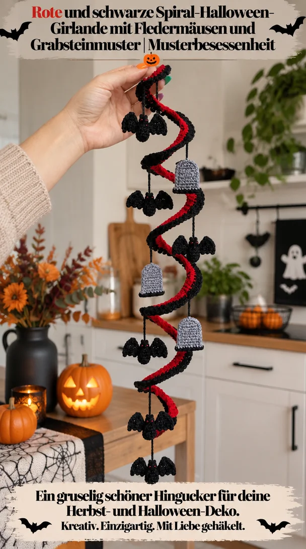 Rote und schwarze Spiral-Halloween-Girlande mit Fledermäusen und Grabsteinmuster | Musterbesessenheit