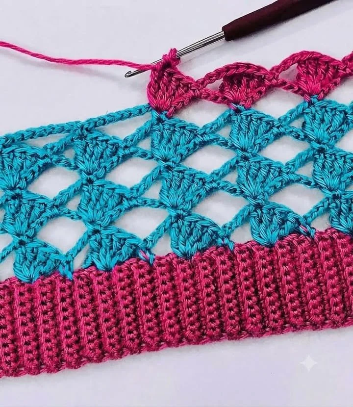 Ruft alle Häklerinnen! 💖🩵 Helles Magenta + elektrisches Türkis—liebe es oder lass es? 🤔 Diese Spitzenmuscheltextur kombiniert mit einem festen gerippten Rand schafft den hübschesten Abschluss! Was würdest du mit t... kreieren?