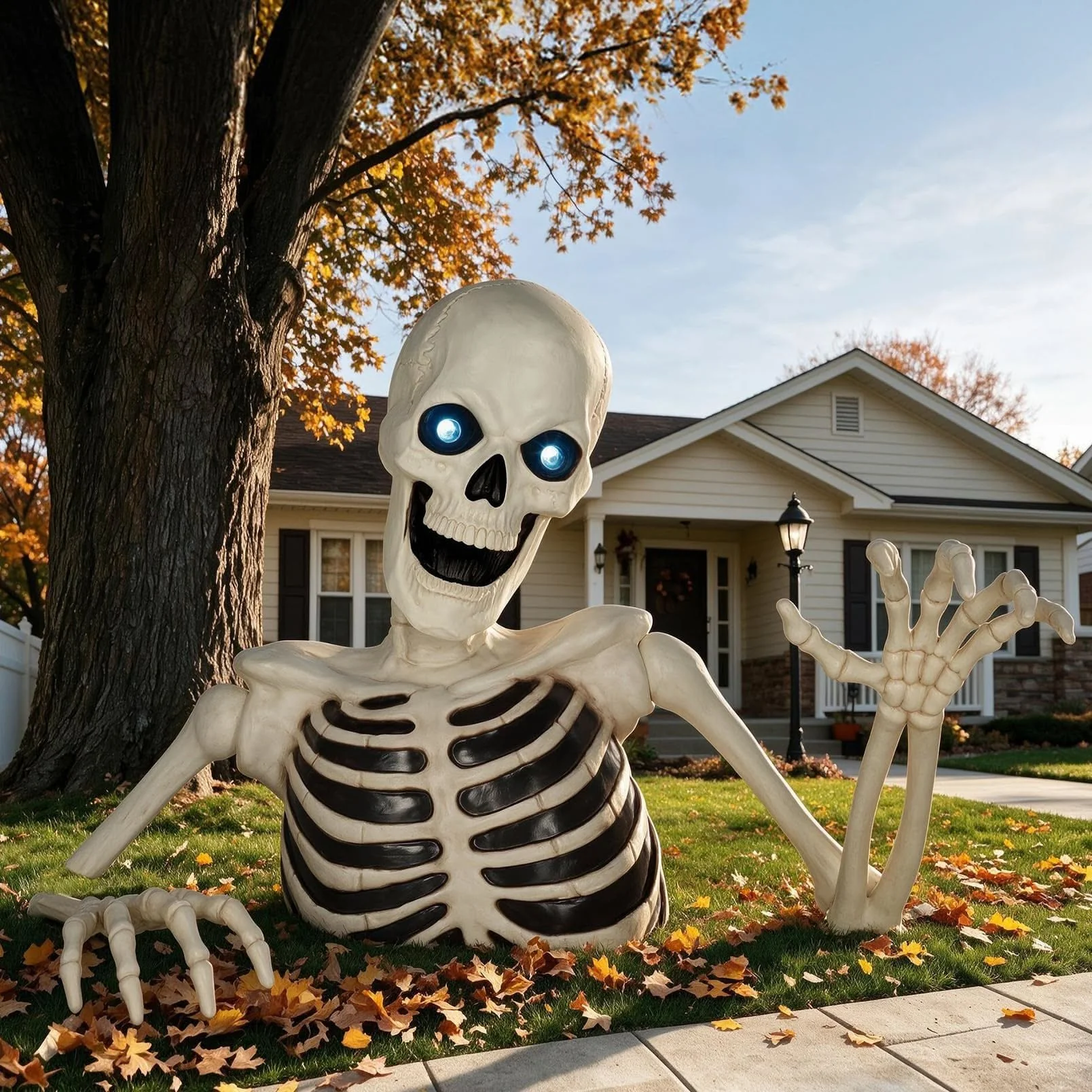 Saisons 48 Halloween Riesenskelett mit LED-Augen | LED-Leuchtaugen, bewegliche Augen, gruseliger Soundeffekt, Garten- oder Veranda-Dekor