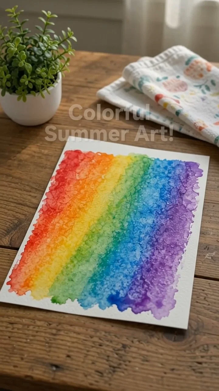 Schmelzende Regenbogen-Eiswürfel werden zu Pinsel für eine unterhaltsame Sommer-Kunstaktivität voller bunter Mischungen und kreativer Muster.