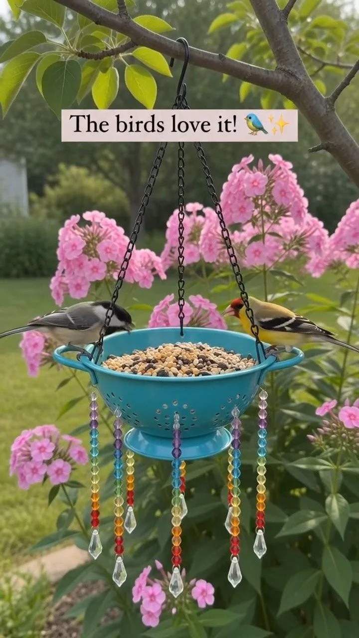 Sieb-Vogelfutterspender-Kronleuchter verwandelt ein einfaches Küchensieb in einen eleganten Vogelfutterspender für den Garten ✨ Speichern Sie dieses Projekt!