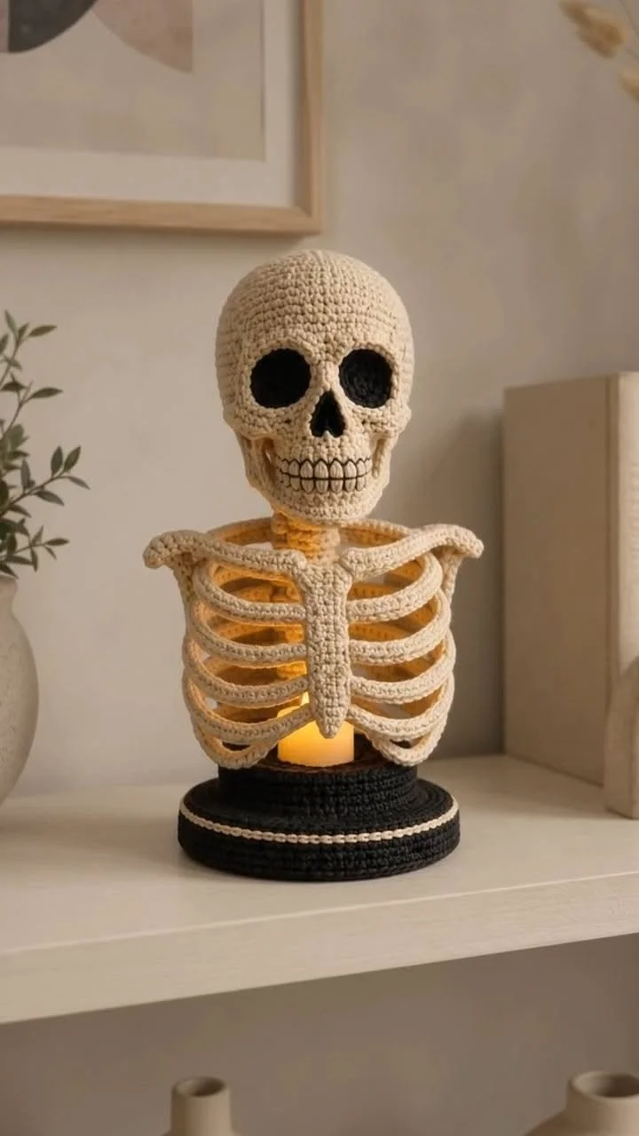 Skelett Häkelmuster 💀 Gothische leuchtende Rippenkäfiglaterne für Halloween