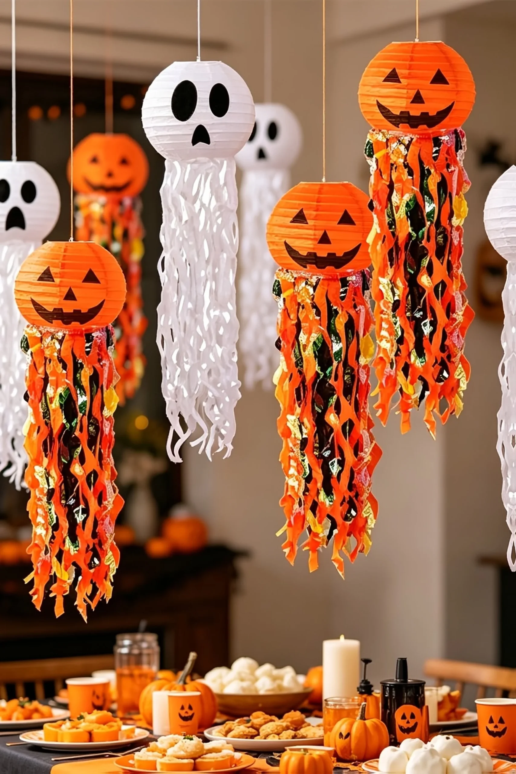 Temu Halloween-Quallen-Papierslaternen – Kürbis-Hängelaterne mit langen, lockigen Bändern, 20 cm Decken-Party-Dekoration