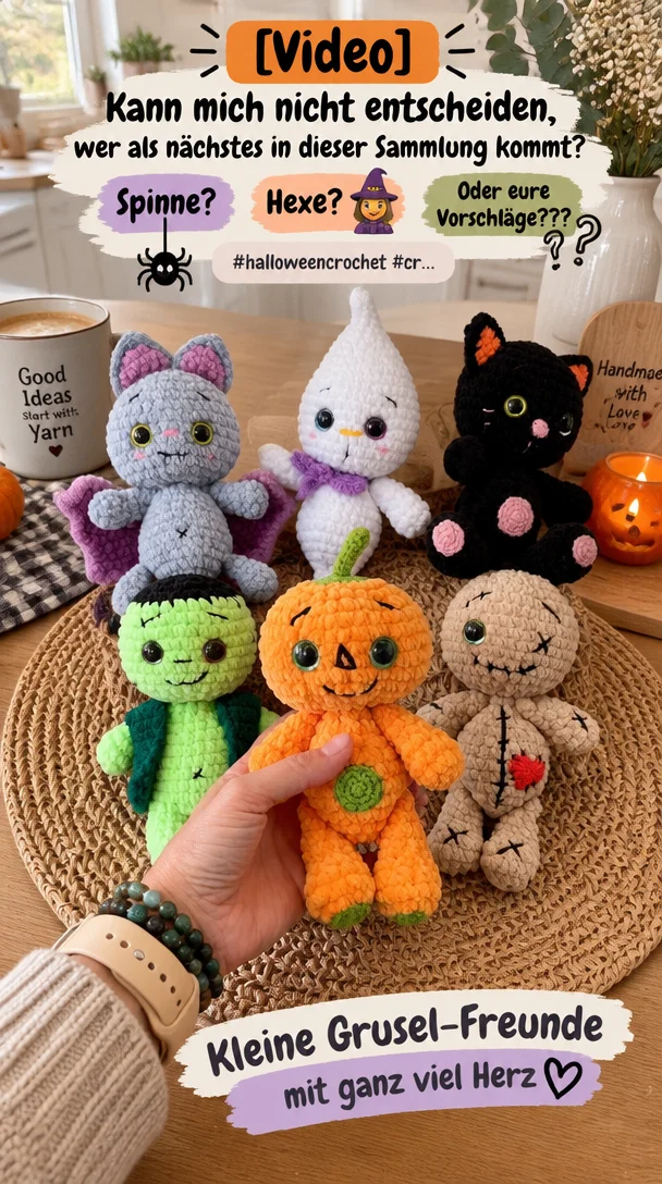 [Video] „Kann mich nicht entscheiden, wer als nächstes in dieser Sammlung kommt? Spinne? 🕷️ Hexe? 🧙‍♀️ Oder eure Vorschläge??? #halloweencrochet #cr…“