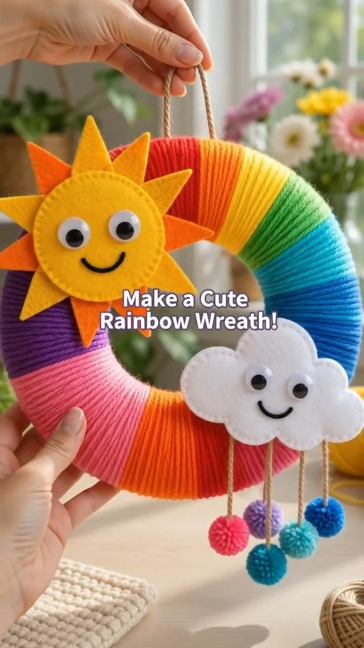 Weiche Regenbogenwolle, eine fröhliche Sonne und eine fluffige Wolke vereinen sich in diesem verspielten Kranz für eine strahlende handgemachte Dekoration. Bewahre diese Idee für später auf.