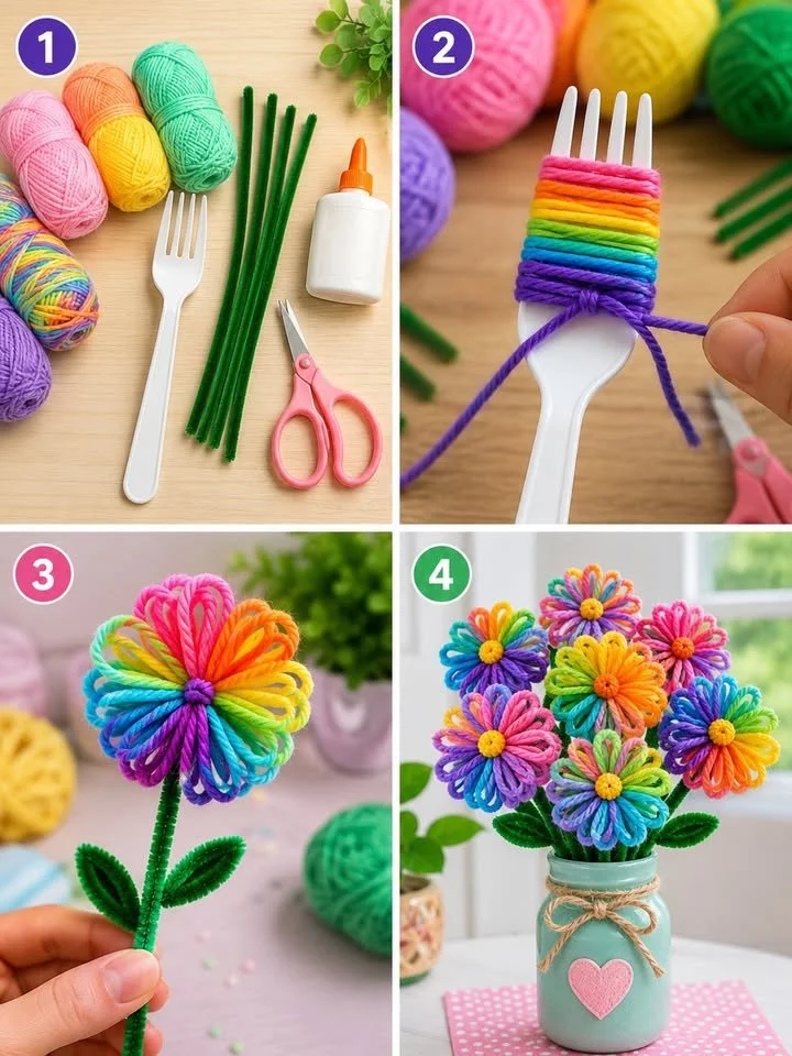 Wie man Regenbogen-Wollblumen zu Hause macht 🌈